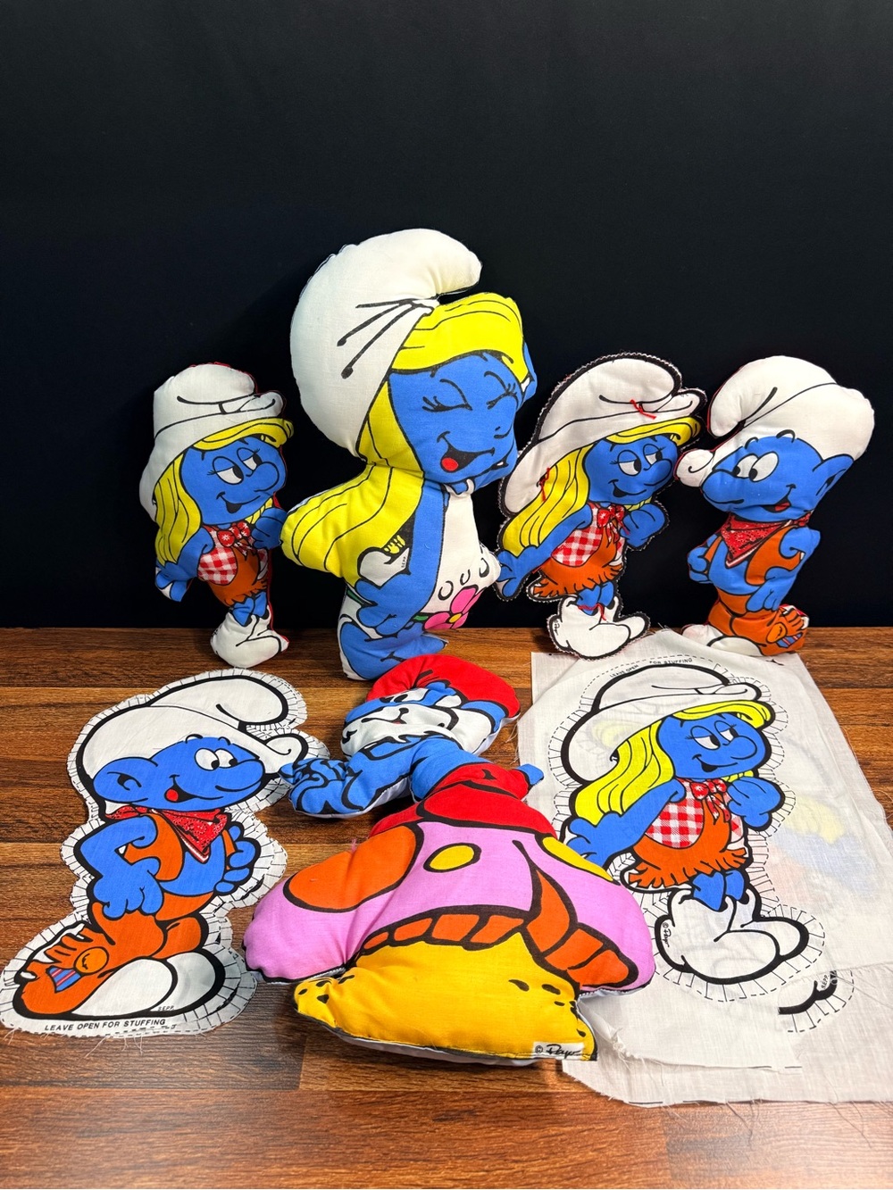 1982 PEYO Smurf Homemade Pillows and Cut and Sew Fabric Panels